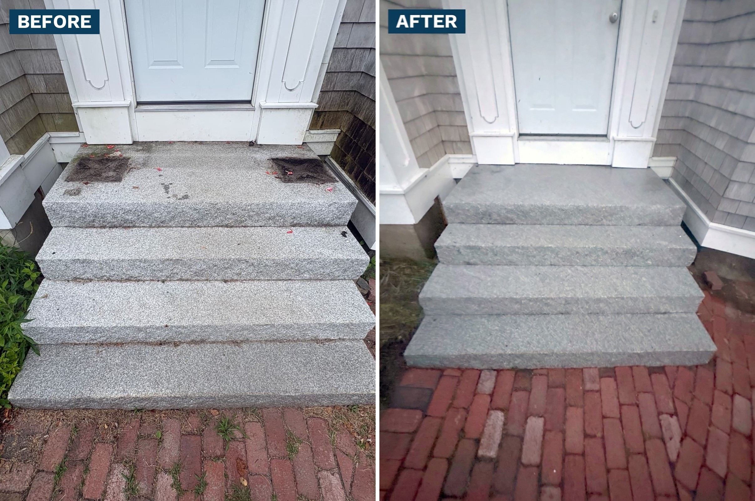 Before and after of granite front steps: stained and dirty on the left, clean and bright on the right.
